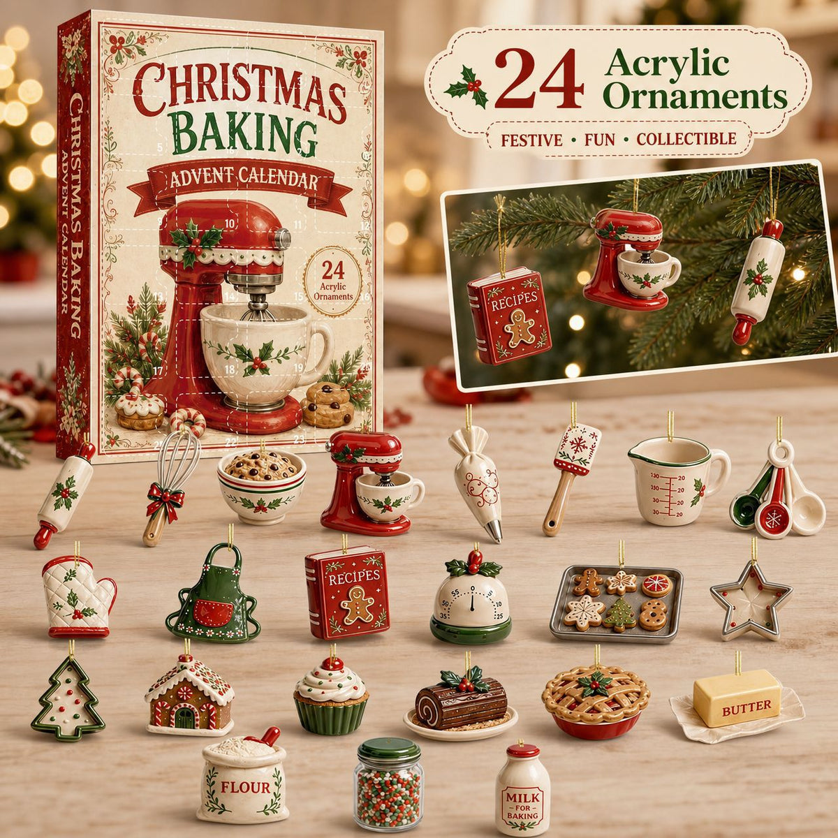 Christmas Baking Advent Calendar with 24 Acrylic Ornaments
