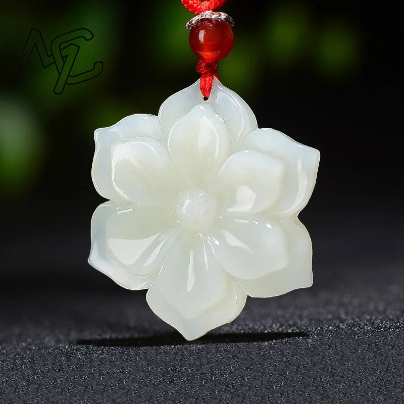 Natural Chinese White Jade Pentagonal  Flower Pendant Hand-carved Ladies Necklace Fashion Luxury Jewelry Girlfriend Mom Gift