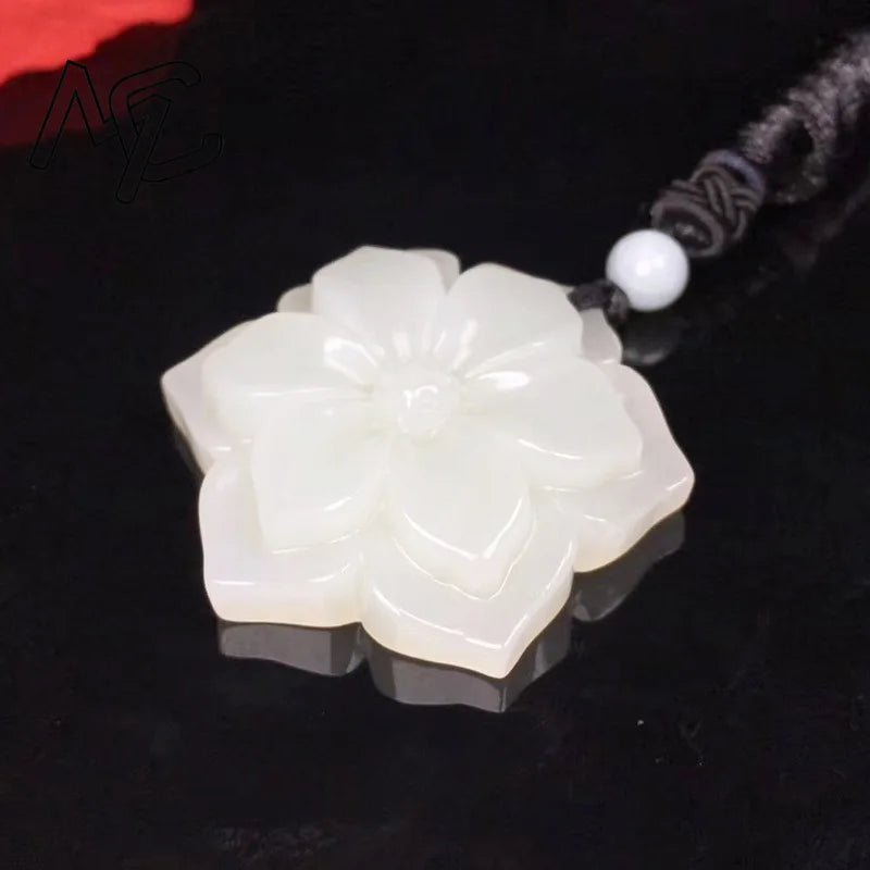 Natural Chinese White Jade Pentagonal  Flower Pendant Hand-carved Ladies Necklace Fashion Luxury Jewelry Girlfriend Mom Gift