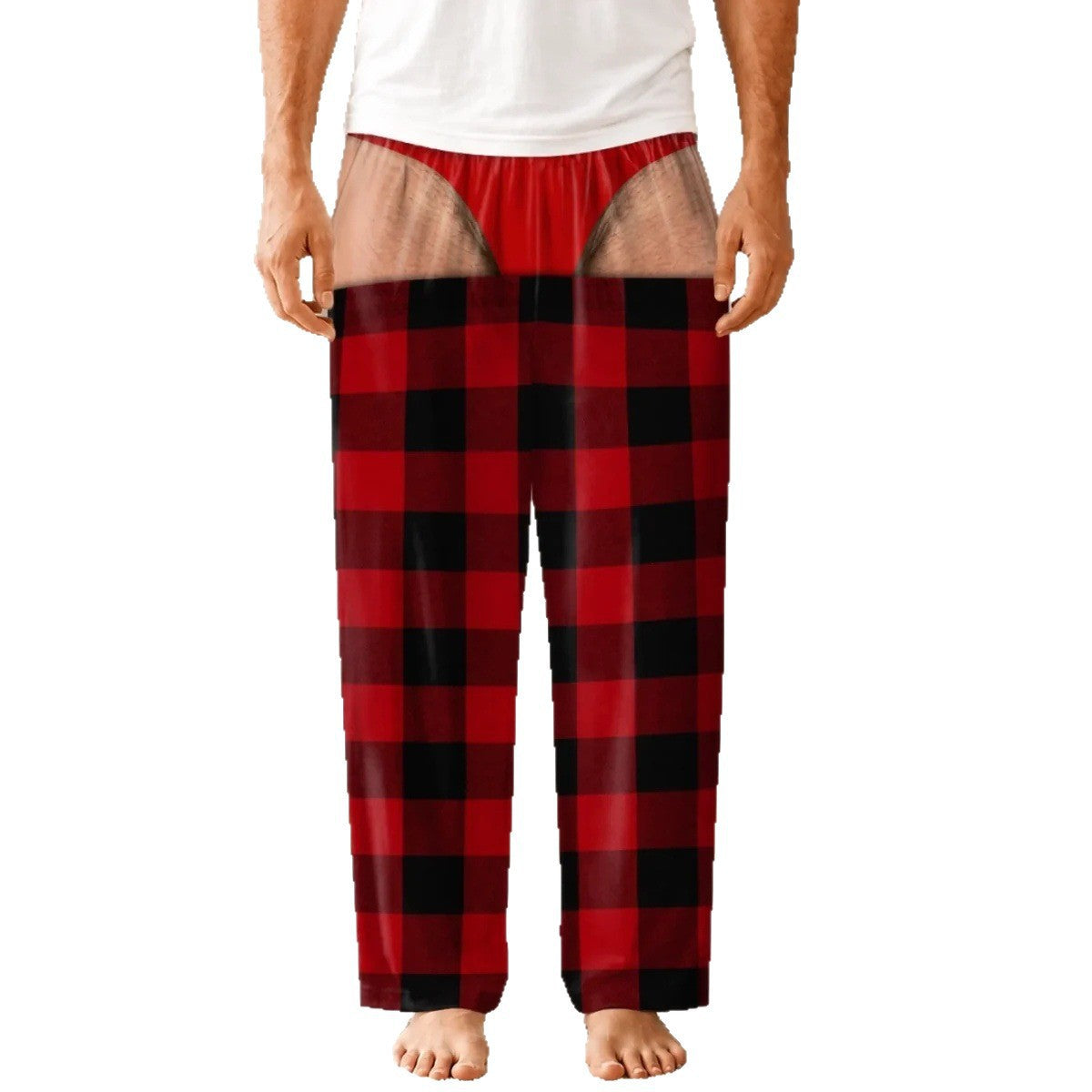 Men's Plaid Drawstring Straight-Leg Trousers with 3D Print