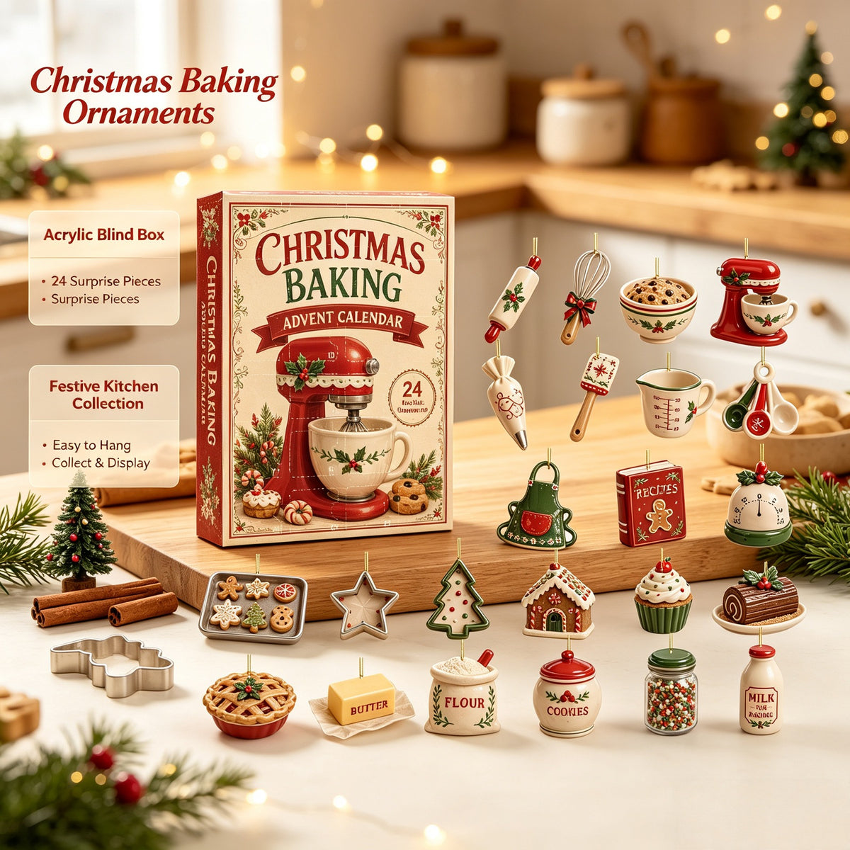 Christmas Baking Advent Calendar with 24 Acrylic Ornaments