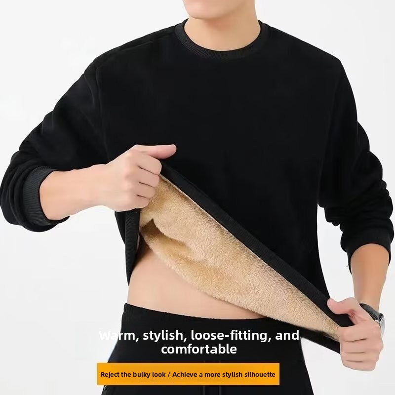 Men's Fleece-Lined Round Neck Loose Fit Thickened Sweatshirt