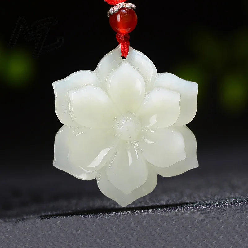 Natural Chinese White Jade Pentagonal  Flower Pendant Hand-carved Ladies Necklace Fashion Luxury Jewelry Girlfriend Mom Gift
