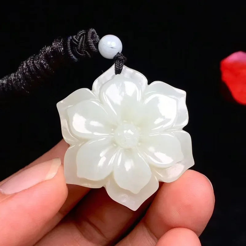 Natural Chinese White Jade Pentagonal  Flower Pendant Hand-carved Ladies Necklace Fashion Luxury Jewelry Girlfriend Mom Gift